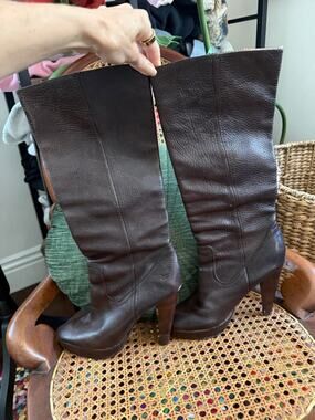 Frye Harlow Campus Chocolate Brown Leather Heeled Boho Western Tall Slouch Boots